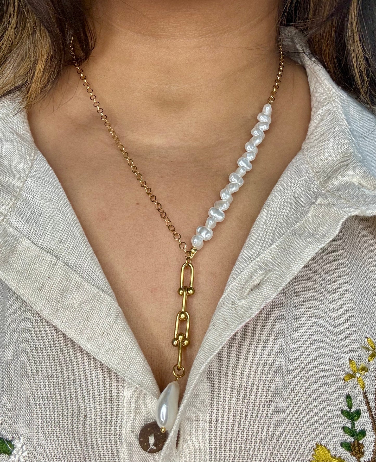 Half Pearl Lariat Necklace