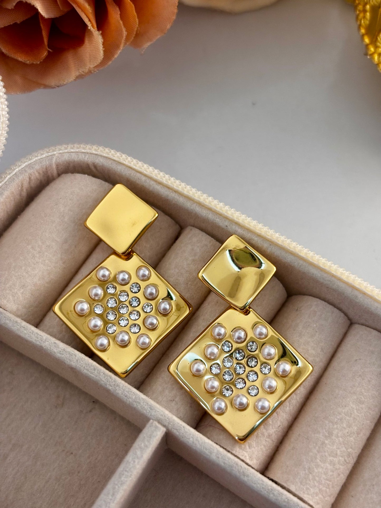 Gold Square Pearl Zircon Statement Earrings | Non Tarnish 18k Gold Plated