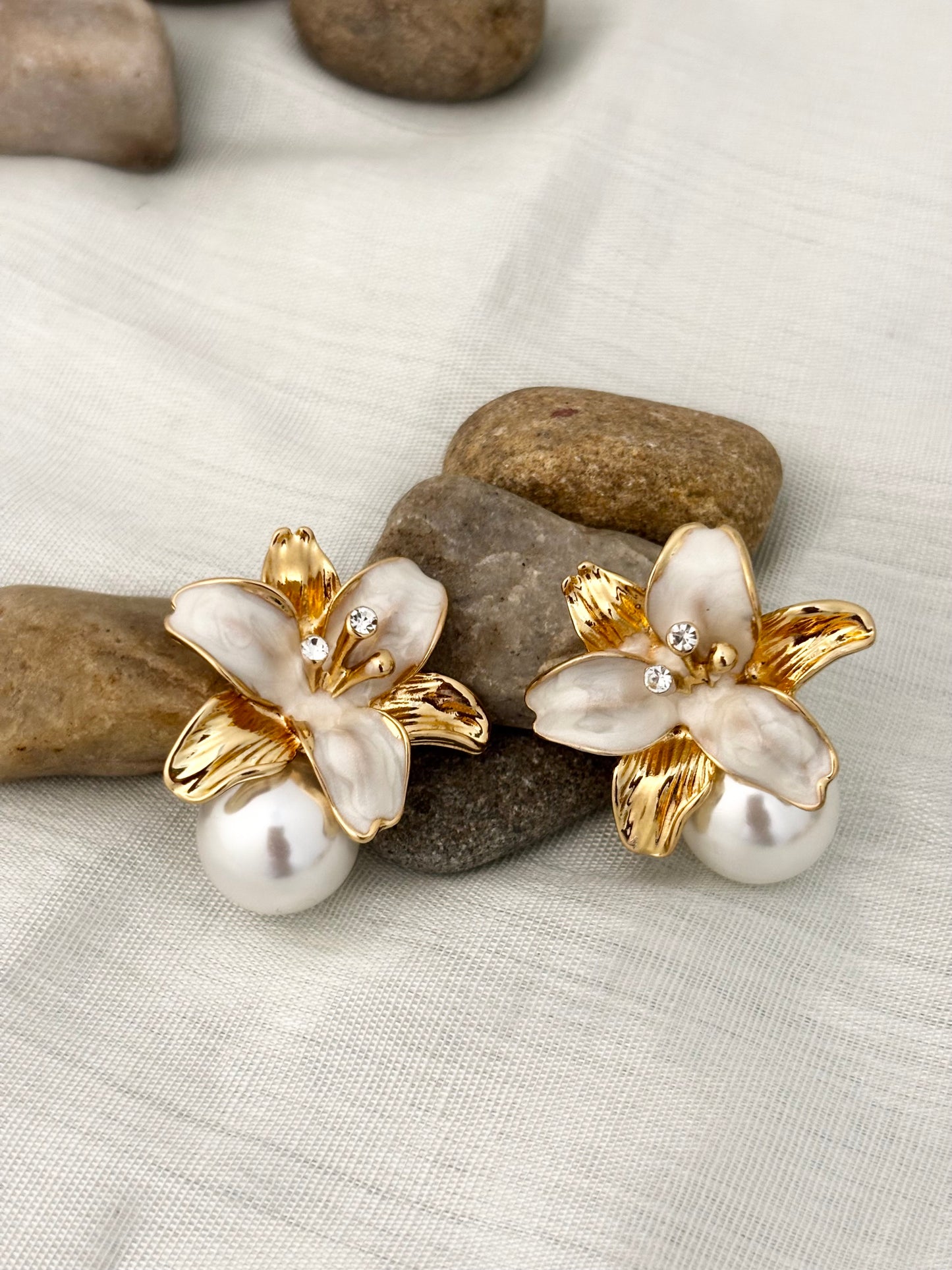 White Enamel Flower Pearl Earrings | Anti-Tarnish Gold Plated Studs