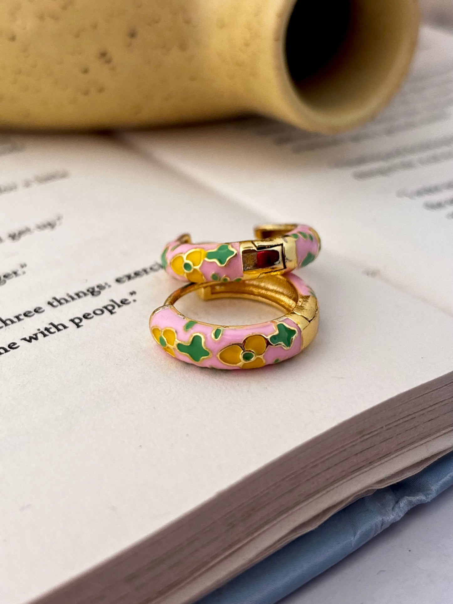 Set of 2 | Green-Pink Enamel Floral Huggie Hoops | Anti-Tarnish Gold Plated Meenakari Earrings