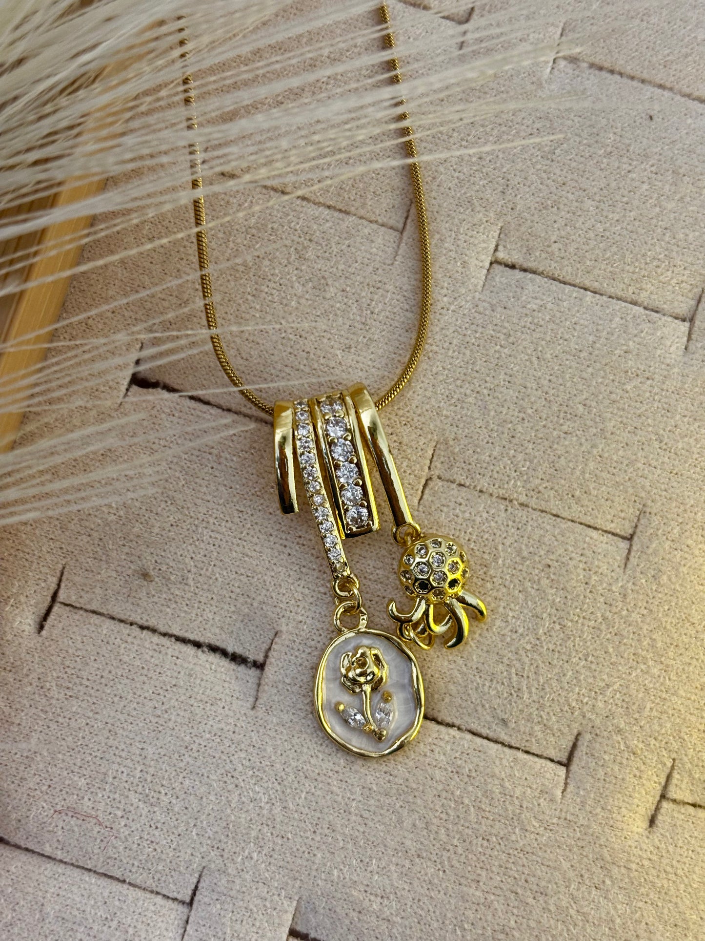 Rose Pearl & Octopus Charm Gold Pendant Necklace