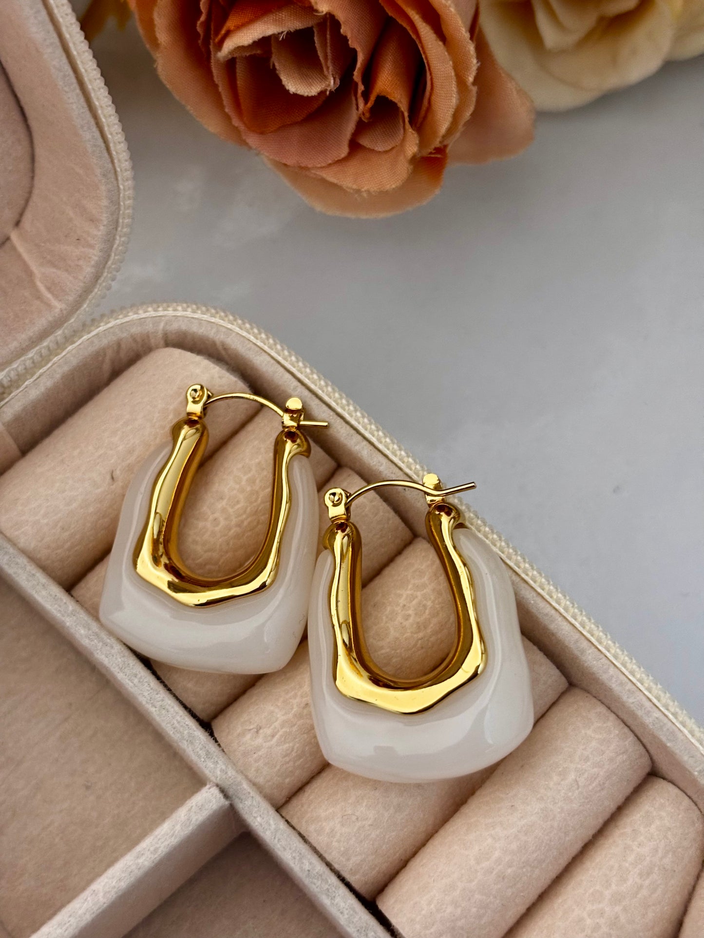 Classic White Resin Contemporary Hoops | Anti Tarnish Gold Plated