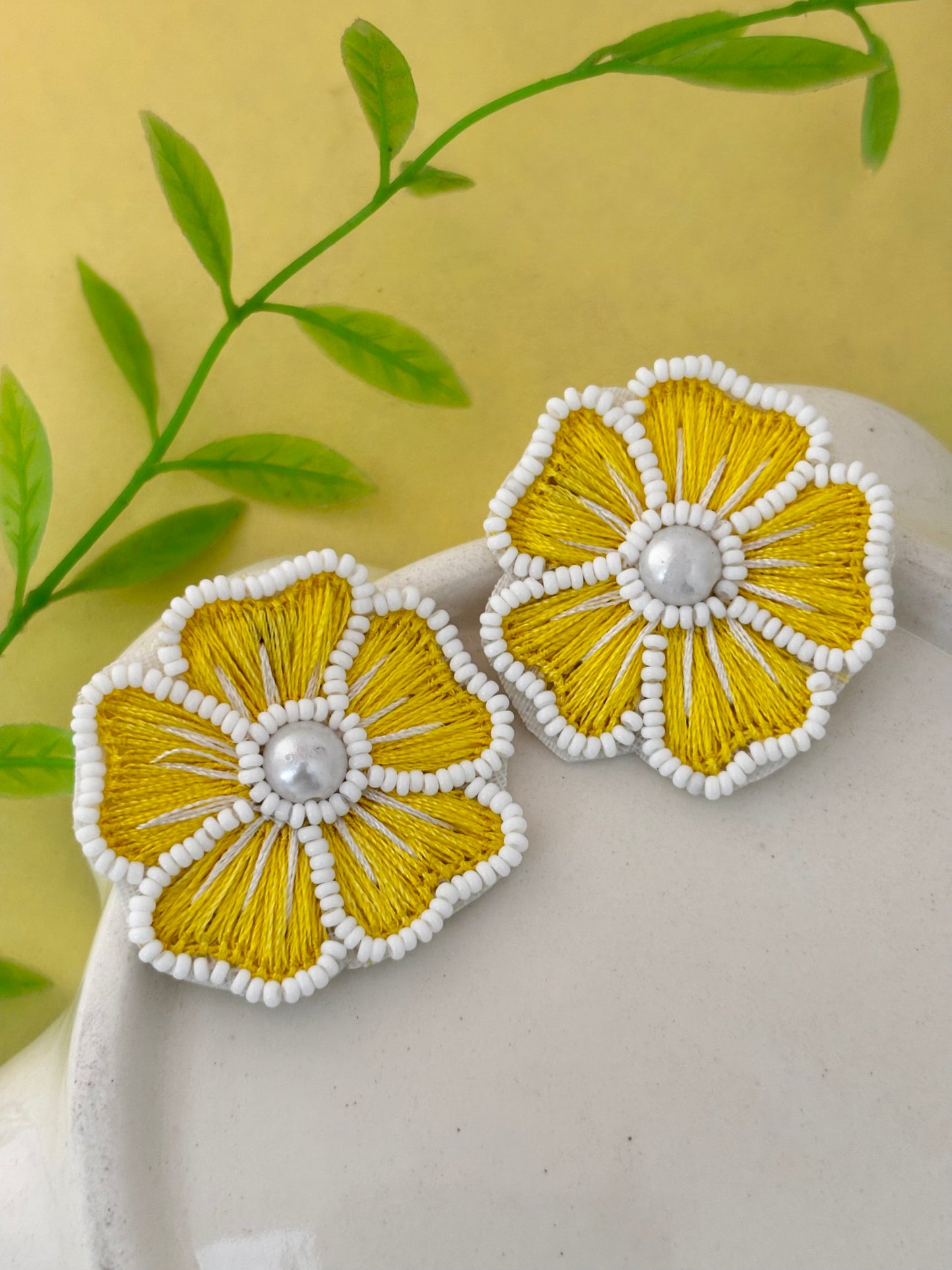 Yellow Embroidered Petal Drops Earrings