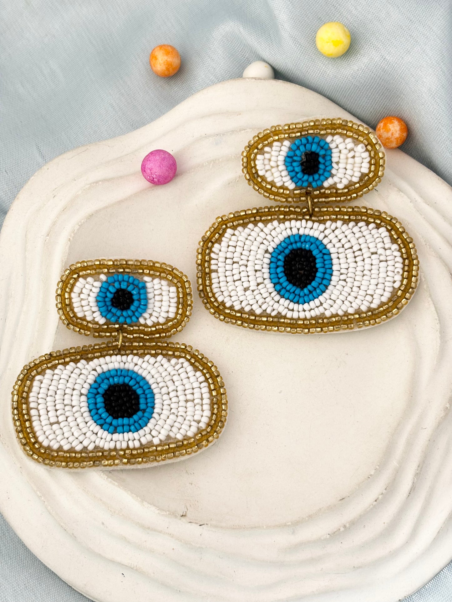 Golden Beaded Evil Eye Handmade Earrings