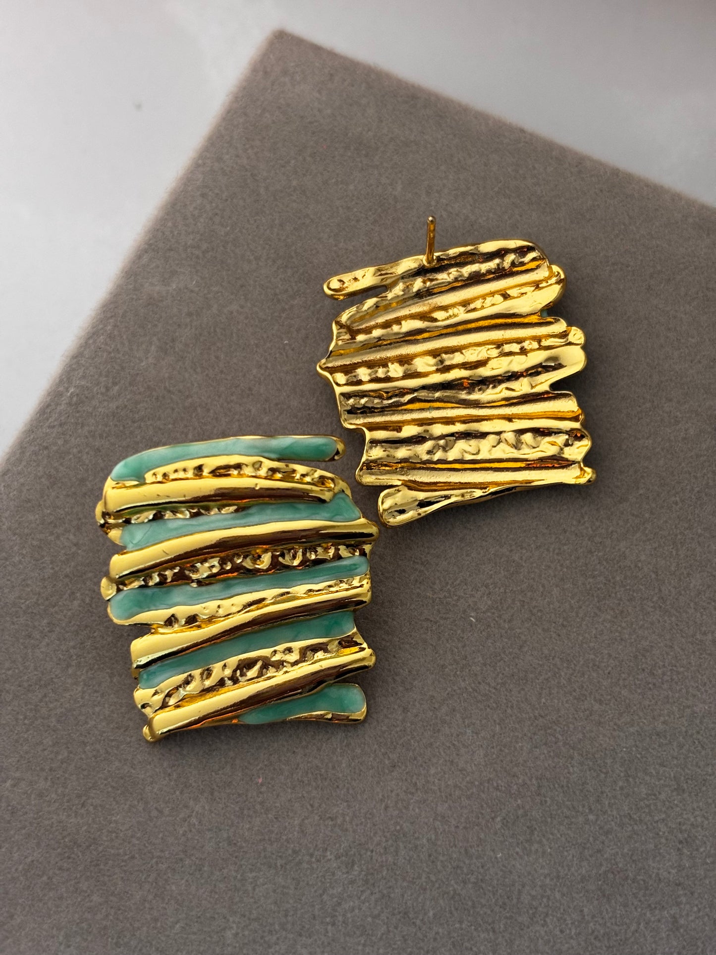 Sea Green Hammered Enamel Stud Earrings | Anti Tarnish Gold Plated