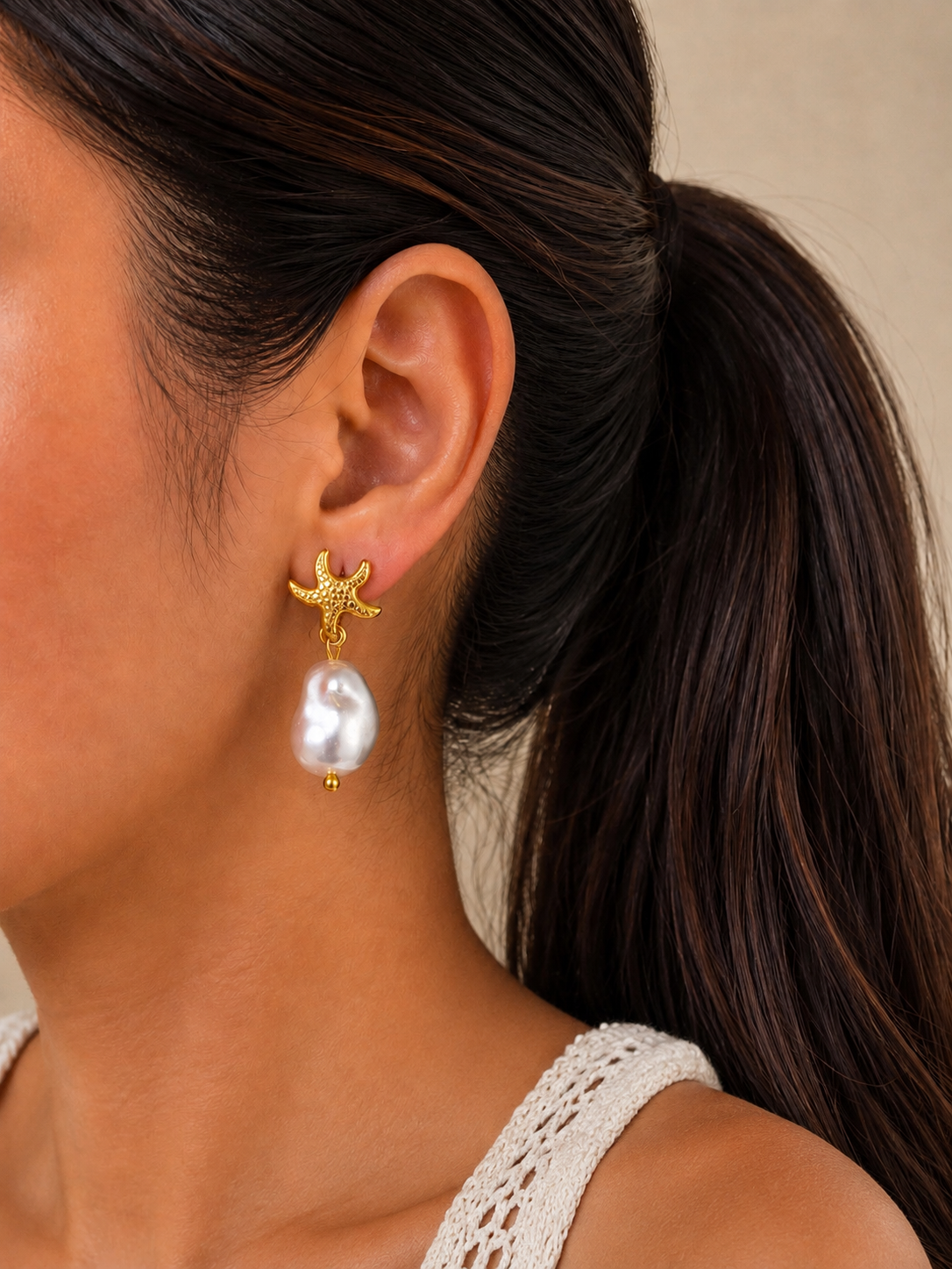 Starfish Pearl Drop Earrings Anti-Tarnish Gold Plated Mother of Pearl Earrings
