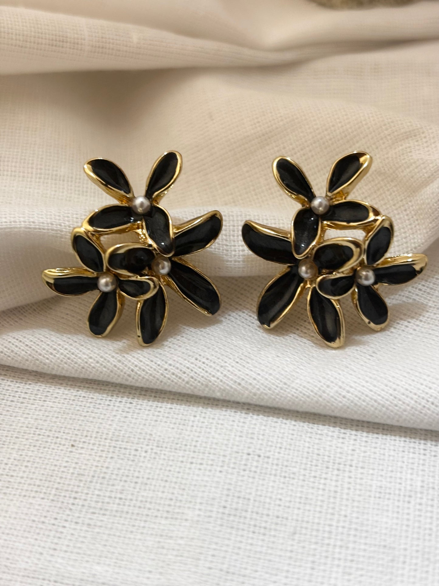 Black Enamel Flower Cluster Earrings