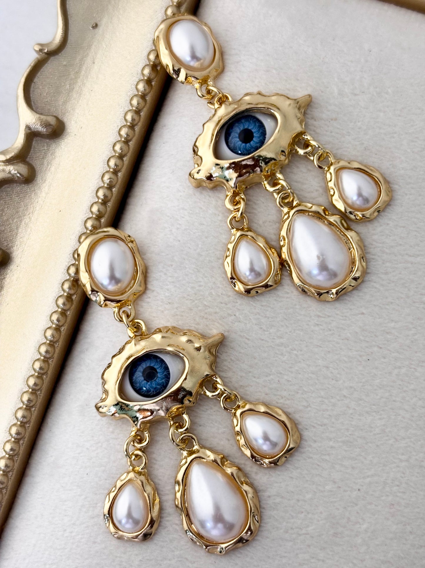 Pearl Evil Eye Statement Dangle Earrings | Anti Tarnish Gold Plated