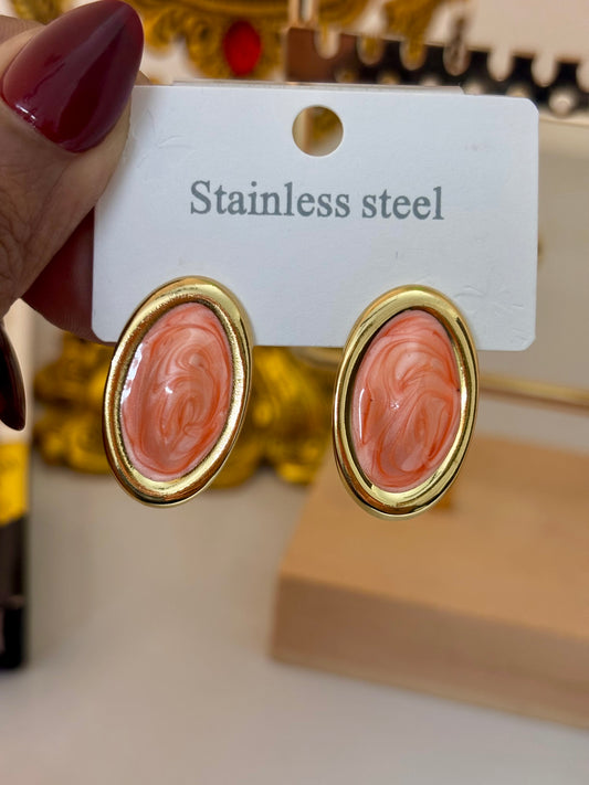 Coral Oval Gold Plated Enamel Stud Earrings