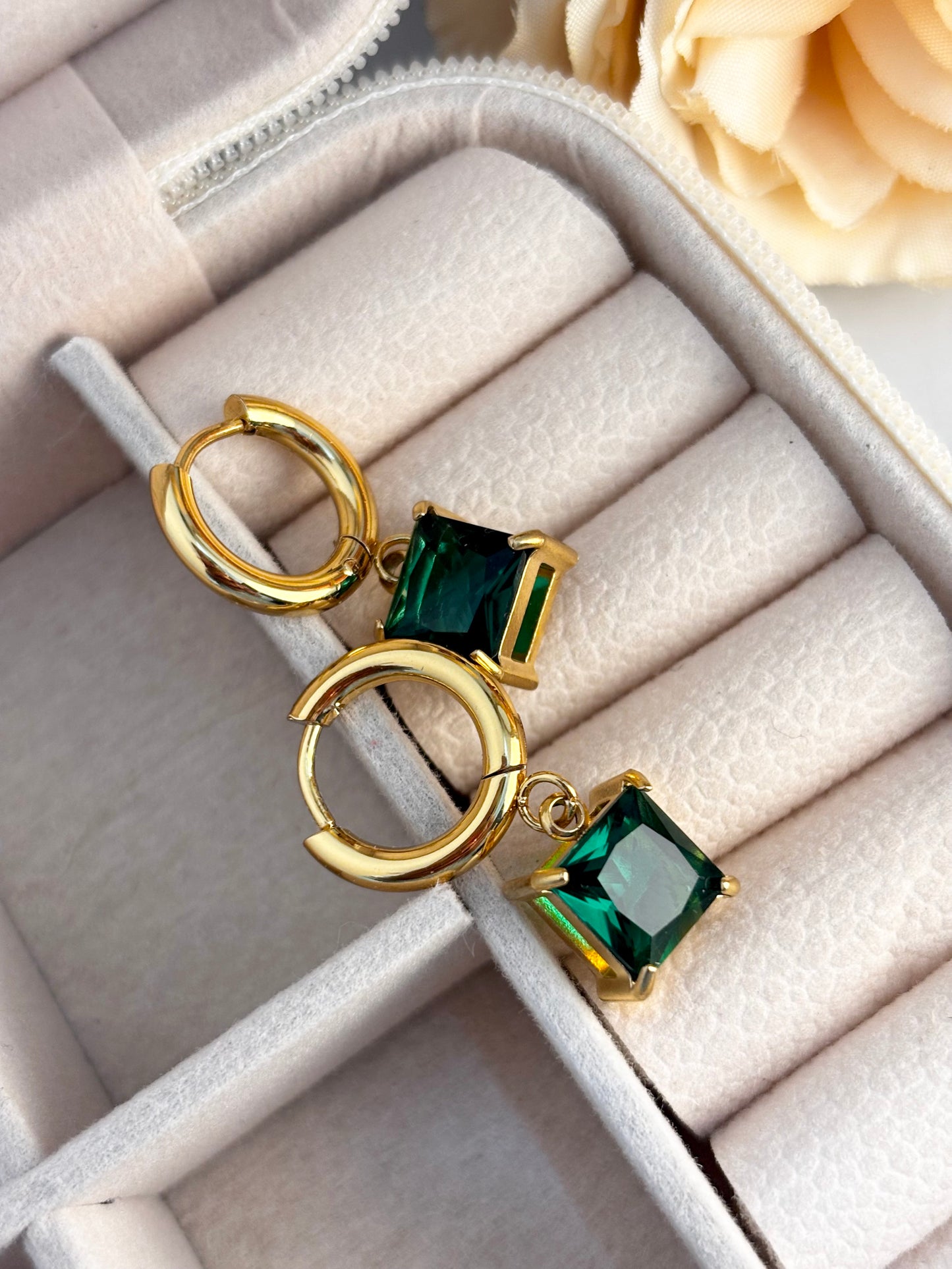 Emerald Stone Huggie Drops Earrings | Anti Tarnish Gold Plated