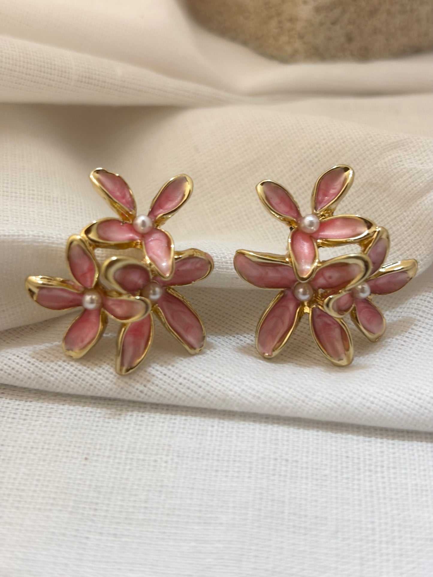 Pink Enamel Flower Cluster Earrings