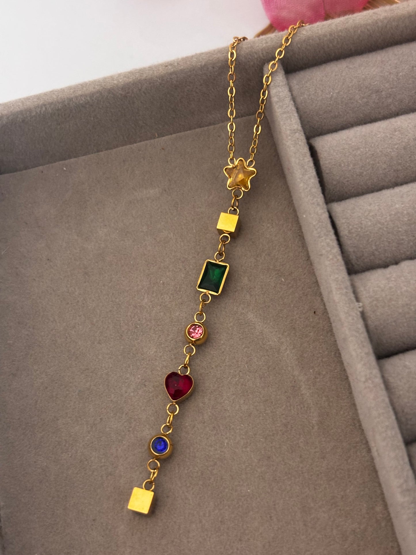 Viral Golden Multicolor Stone Vertical Drop Necklace