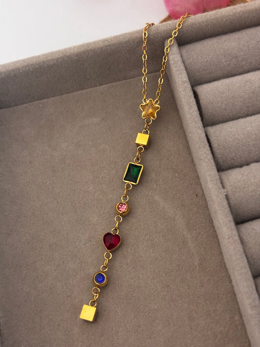 Viral Golden Multicolor Stone Vertical Drop Necklace