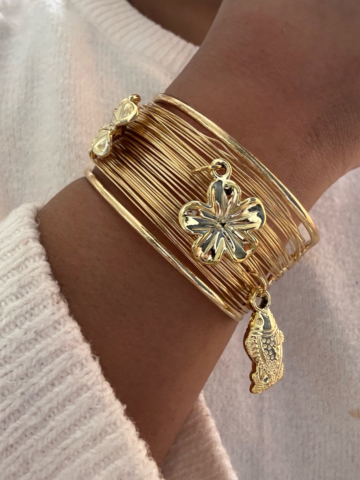 Gold Charm Wire Cuff Bracelet for Women