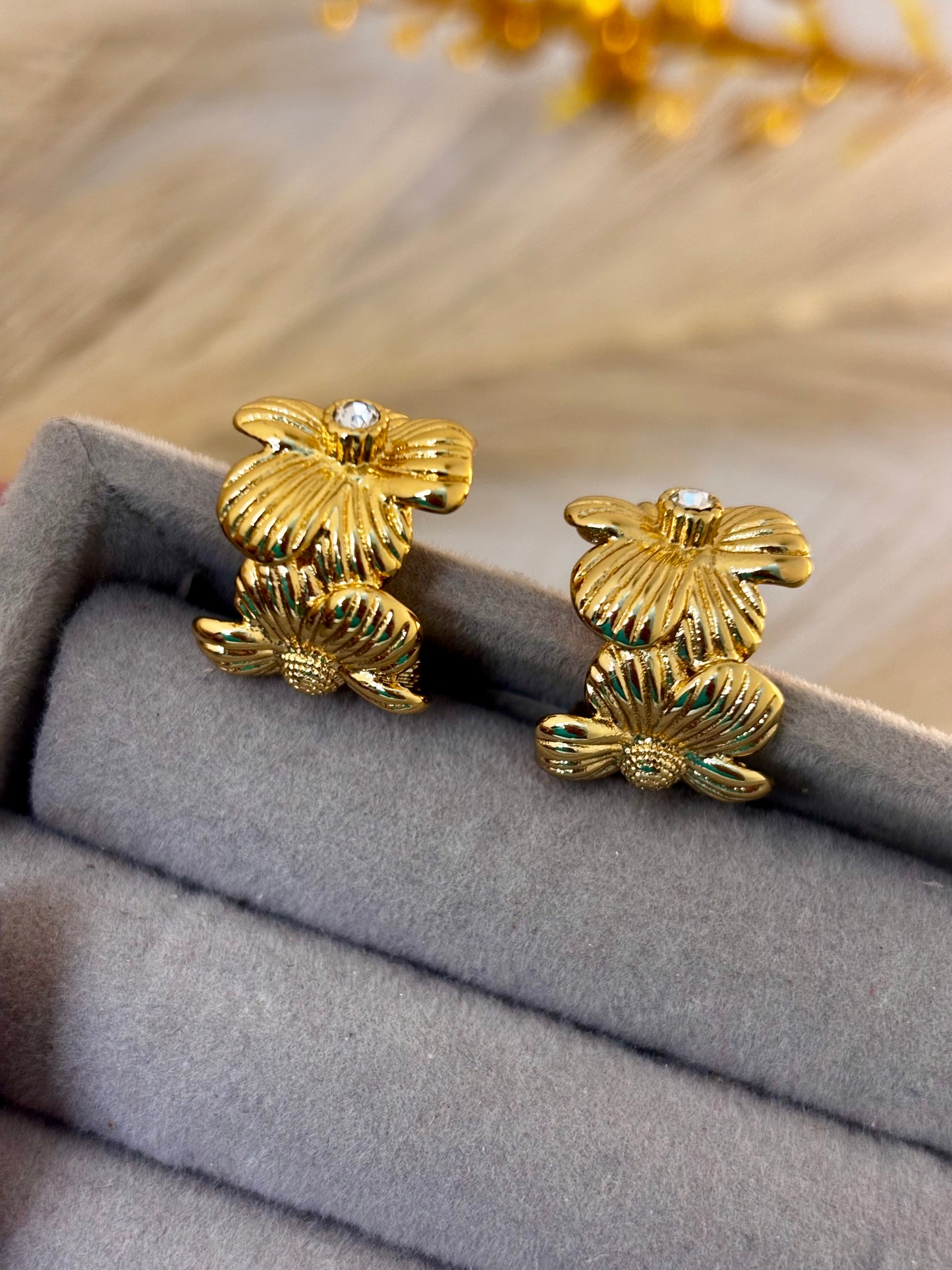 Golden Floral Huggie Hoops | Anti Tarnish Gold Plated