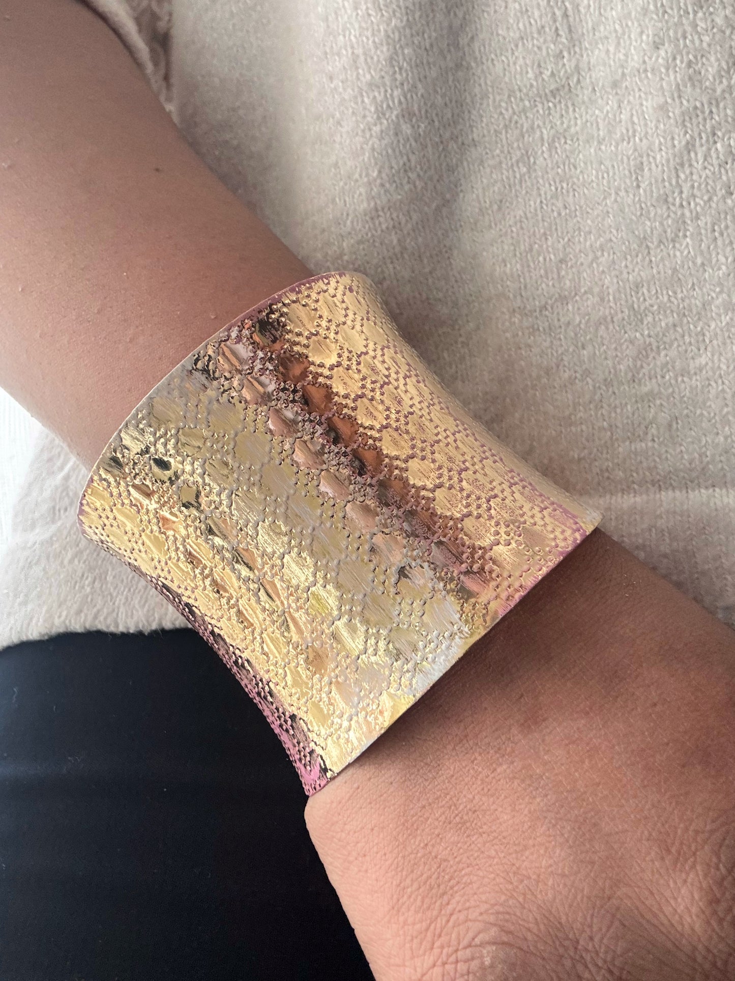 Wide Gold Textured Cuff Bracelet for Women | Anti-Tarnish Stainless Steel Statement Bangle