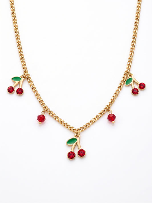 Gold Cherry Charm Necklace with Cherry Studs