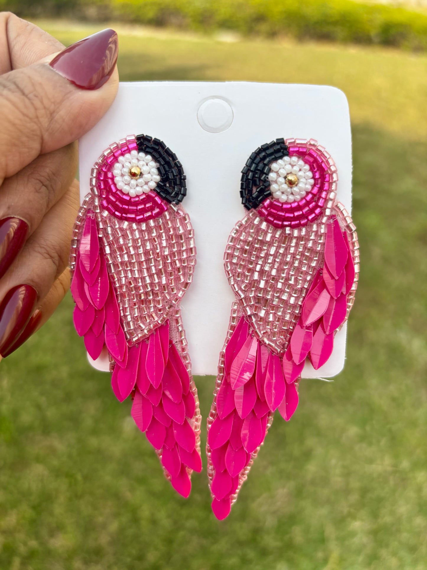 Handmade Hot Pink Parrot Beaded Statement Earrings