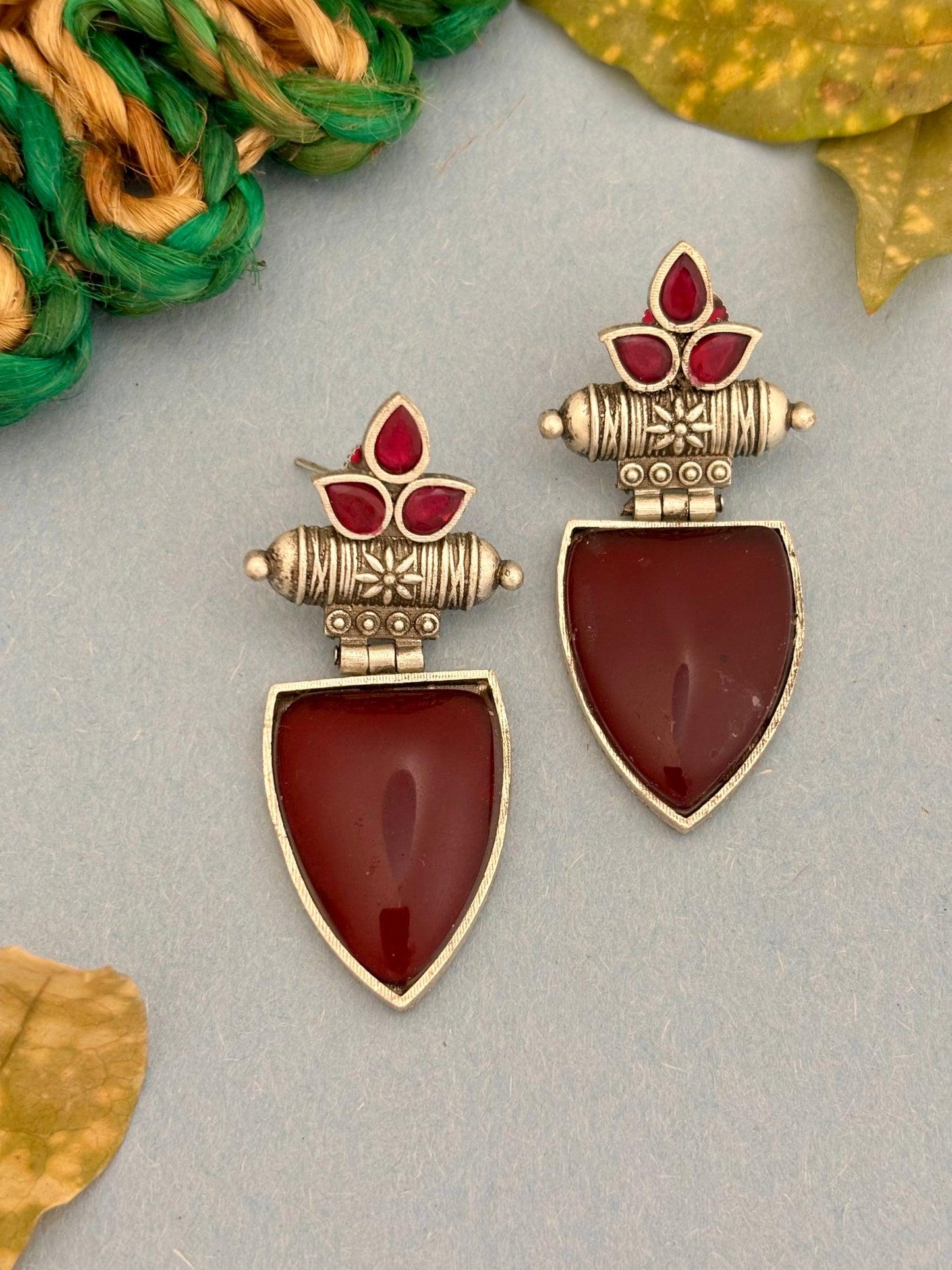 Aadhira Silver Drop Earrings Ruby Red Drops