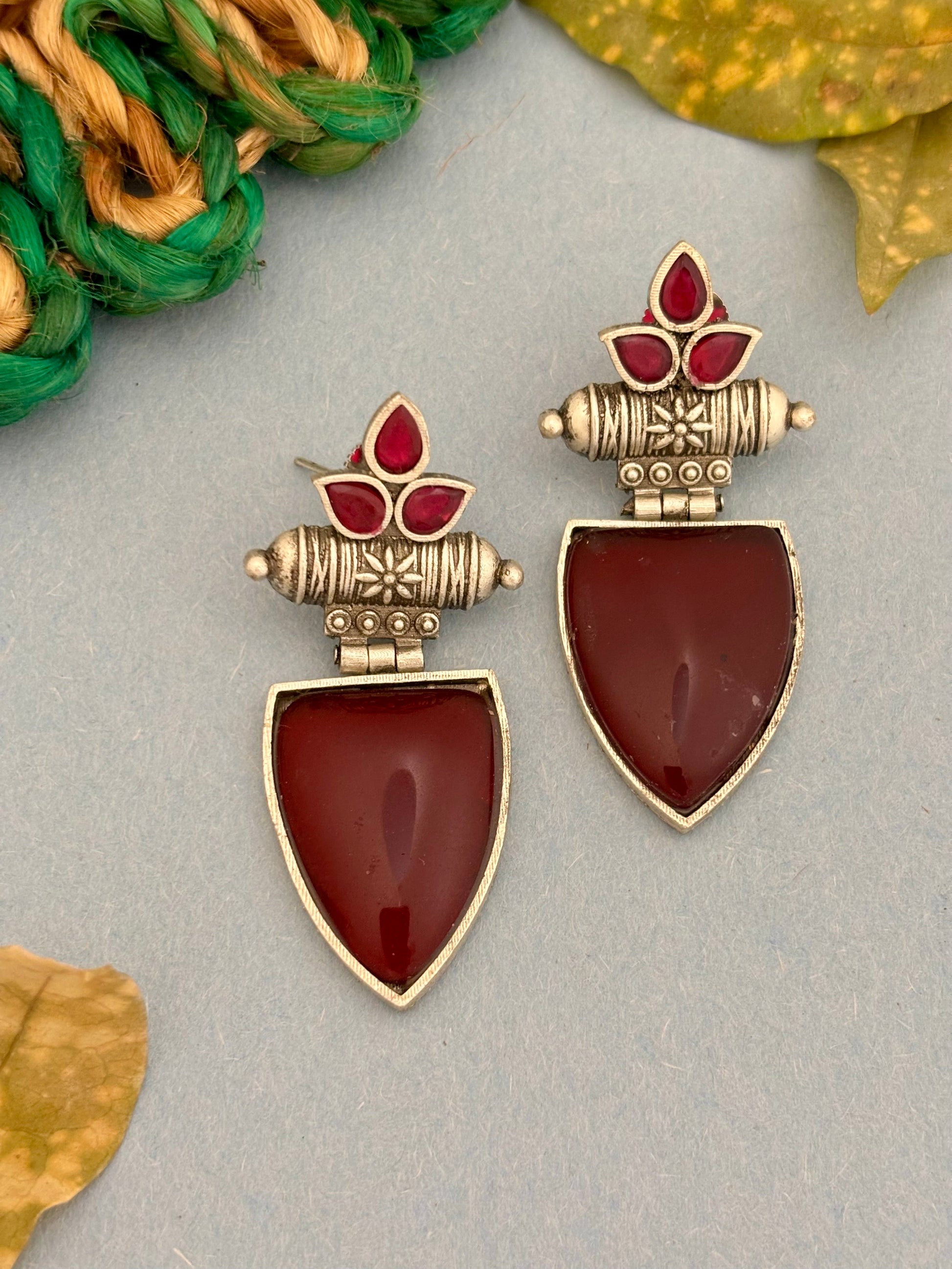 Aadhira Silver Drop Earrings Ruby Red Drops