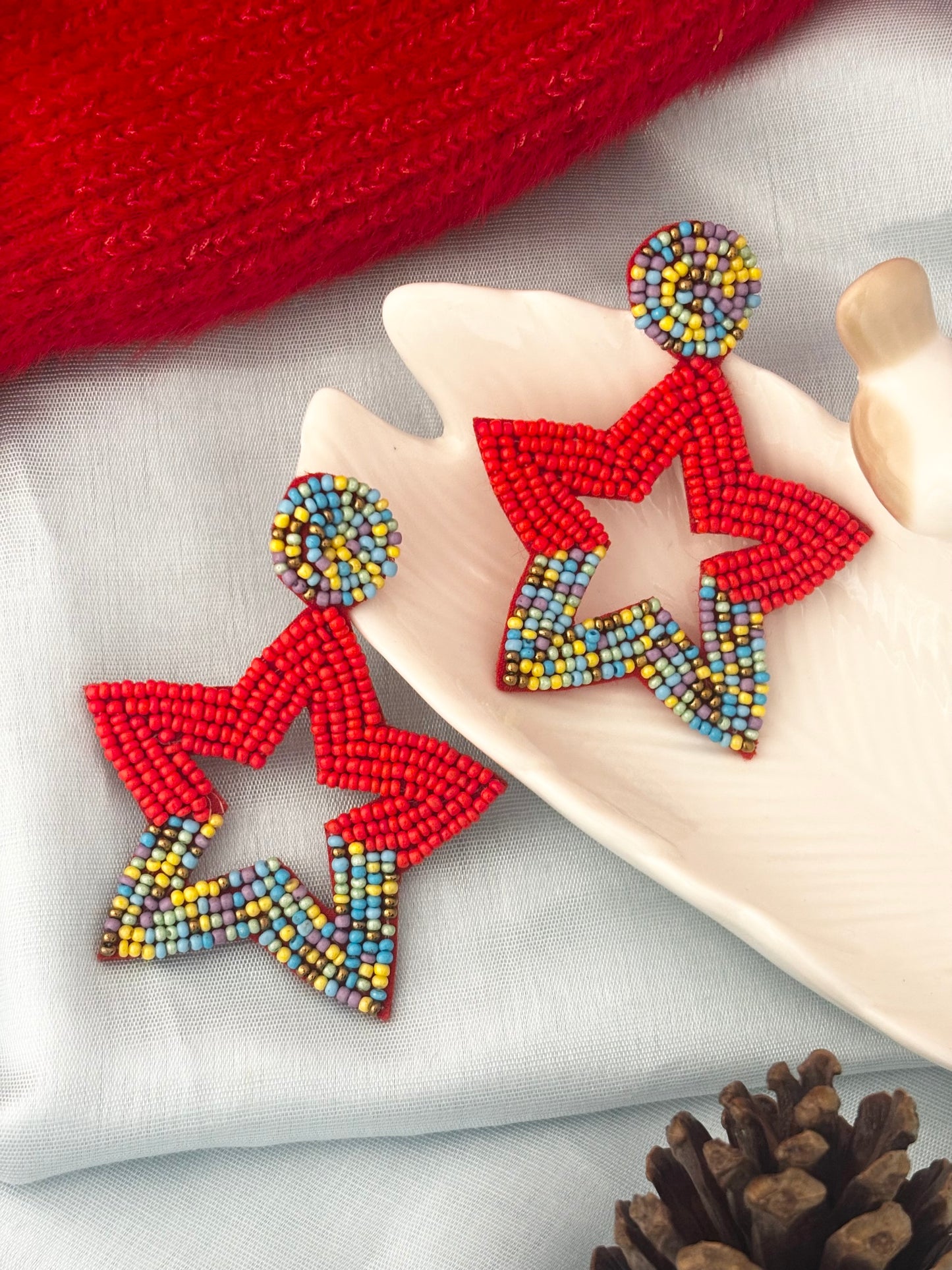 Red Beaded Star Statement Earrings