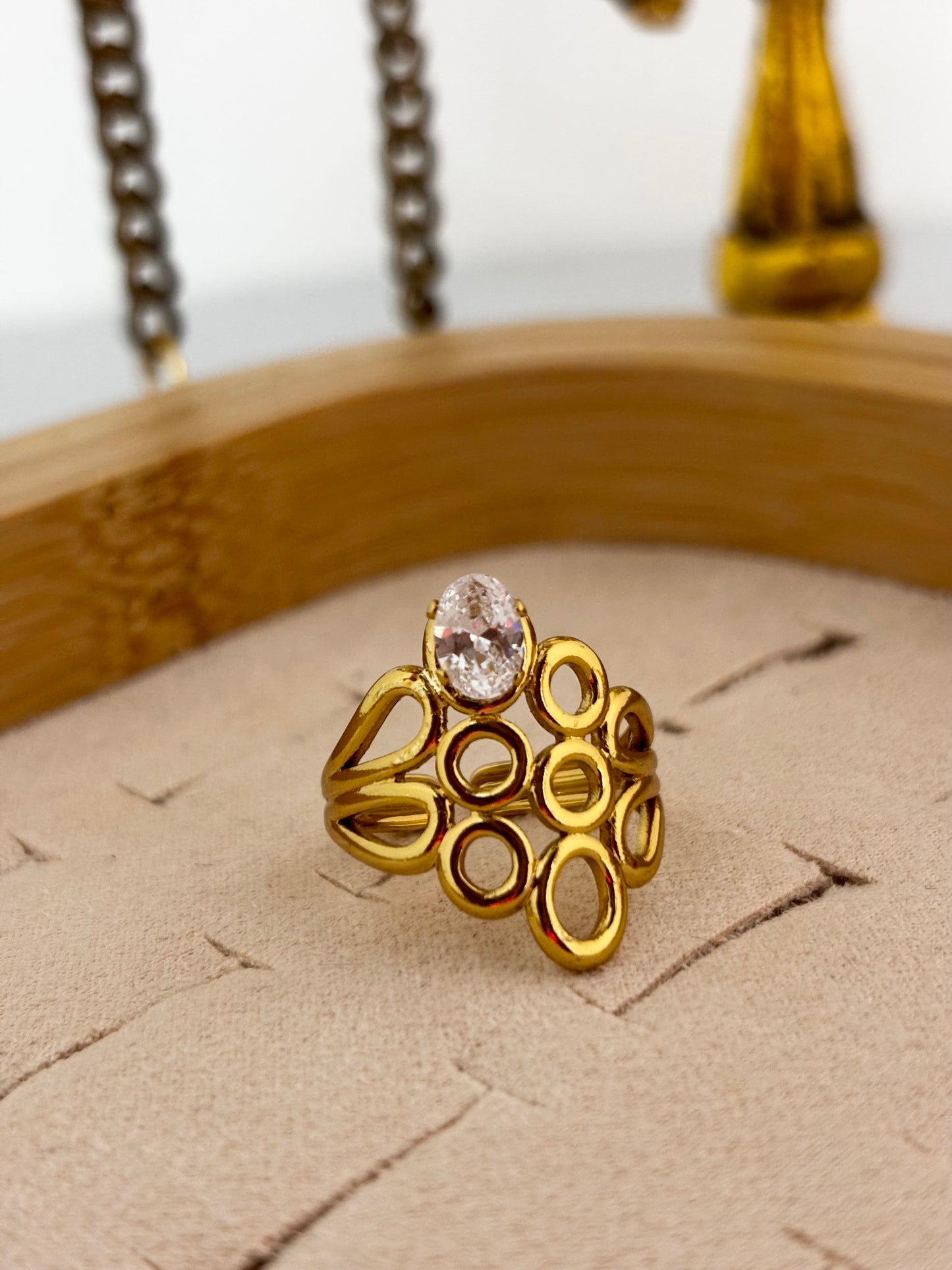 Geometric Gold Zircon Statement Ring for Women