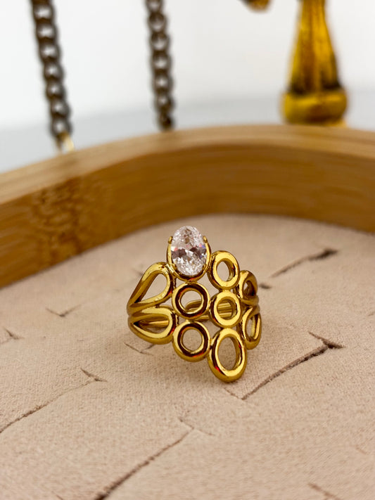 Geometric Gold Zircon Statement Ring for Women
