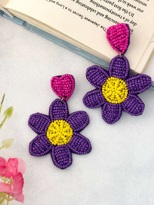 Handmade Purple Daisy Beaded Statement Earrings