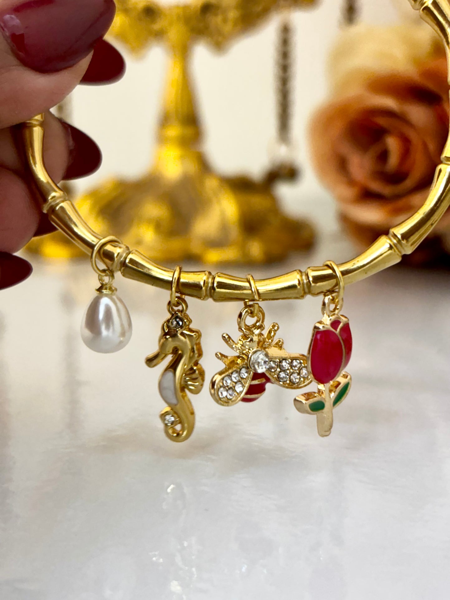 Bee & Seahorse Charm Kada Bracelet | Anti Tarnish