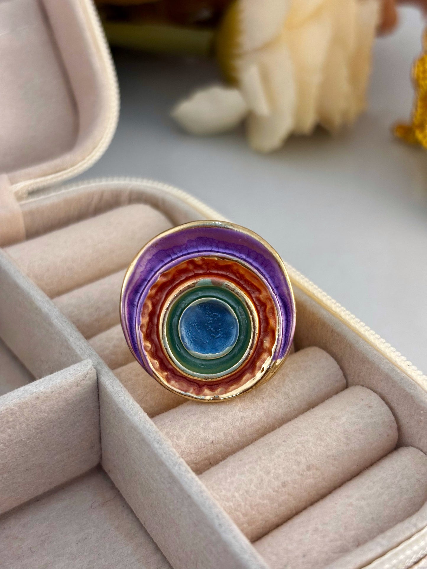 Abstract Enamel Round Gold Statement Ring
