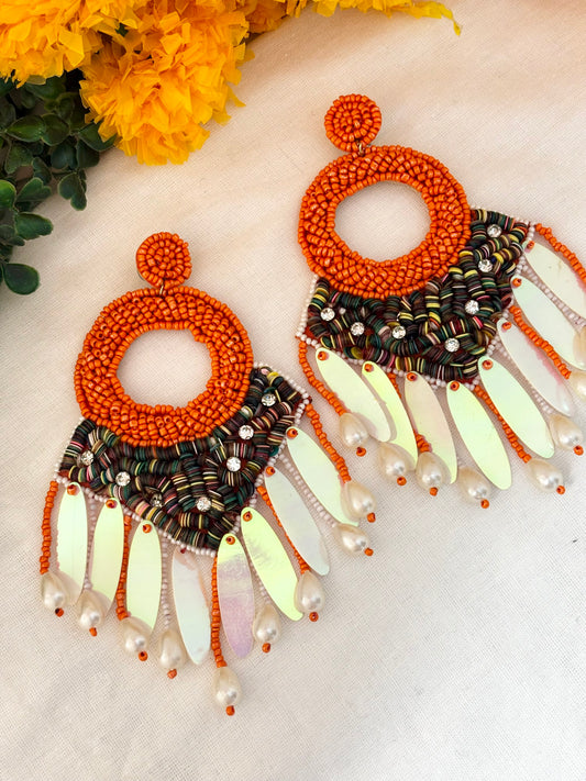Handmade Orange Boho Tassel Beaded Statement Earrings
