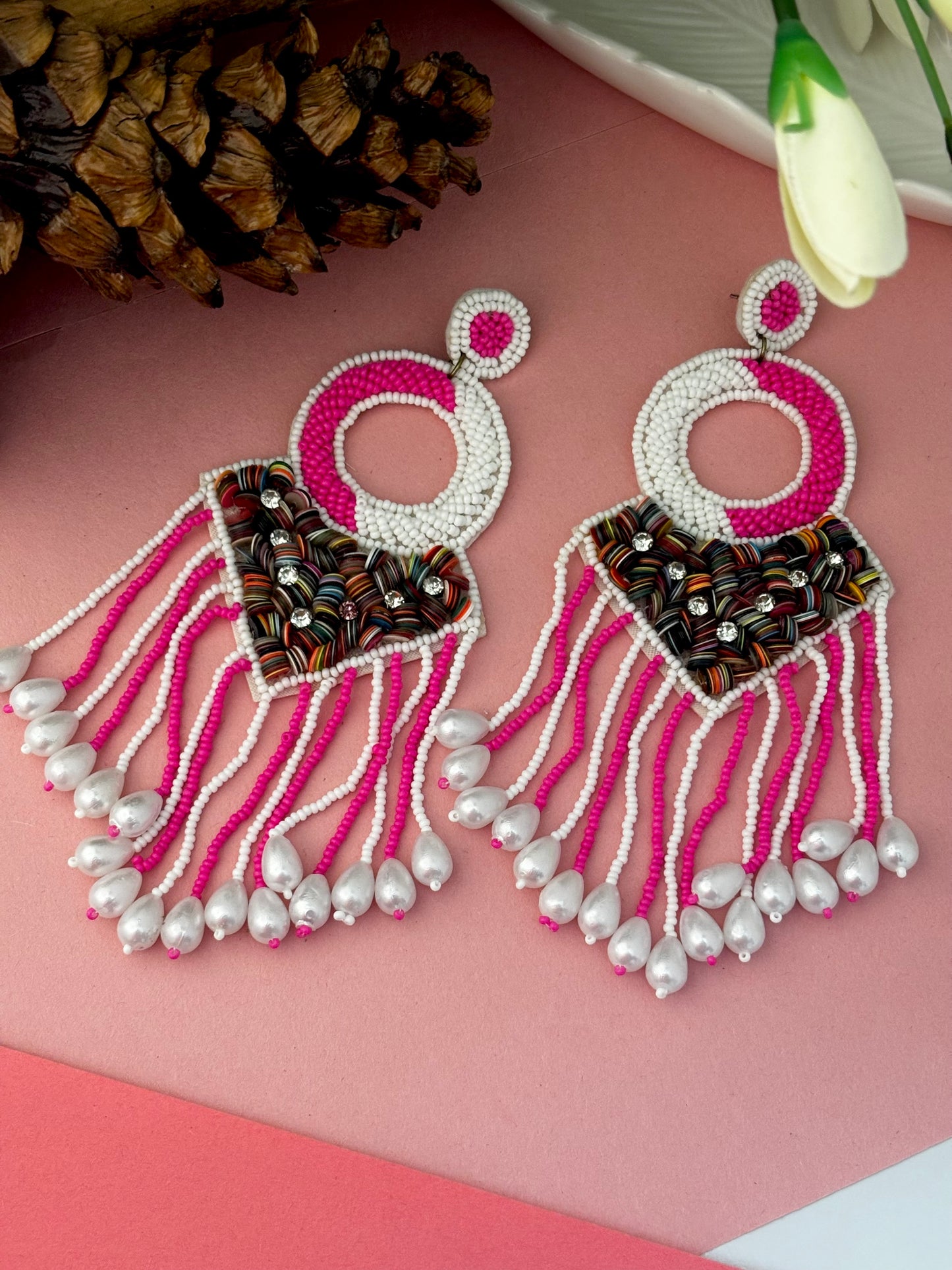 Suhana Hot Pink Pearl Fringe Earrings