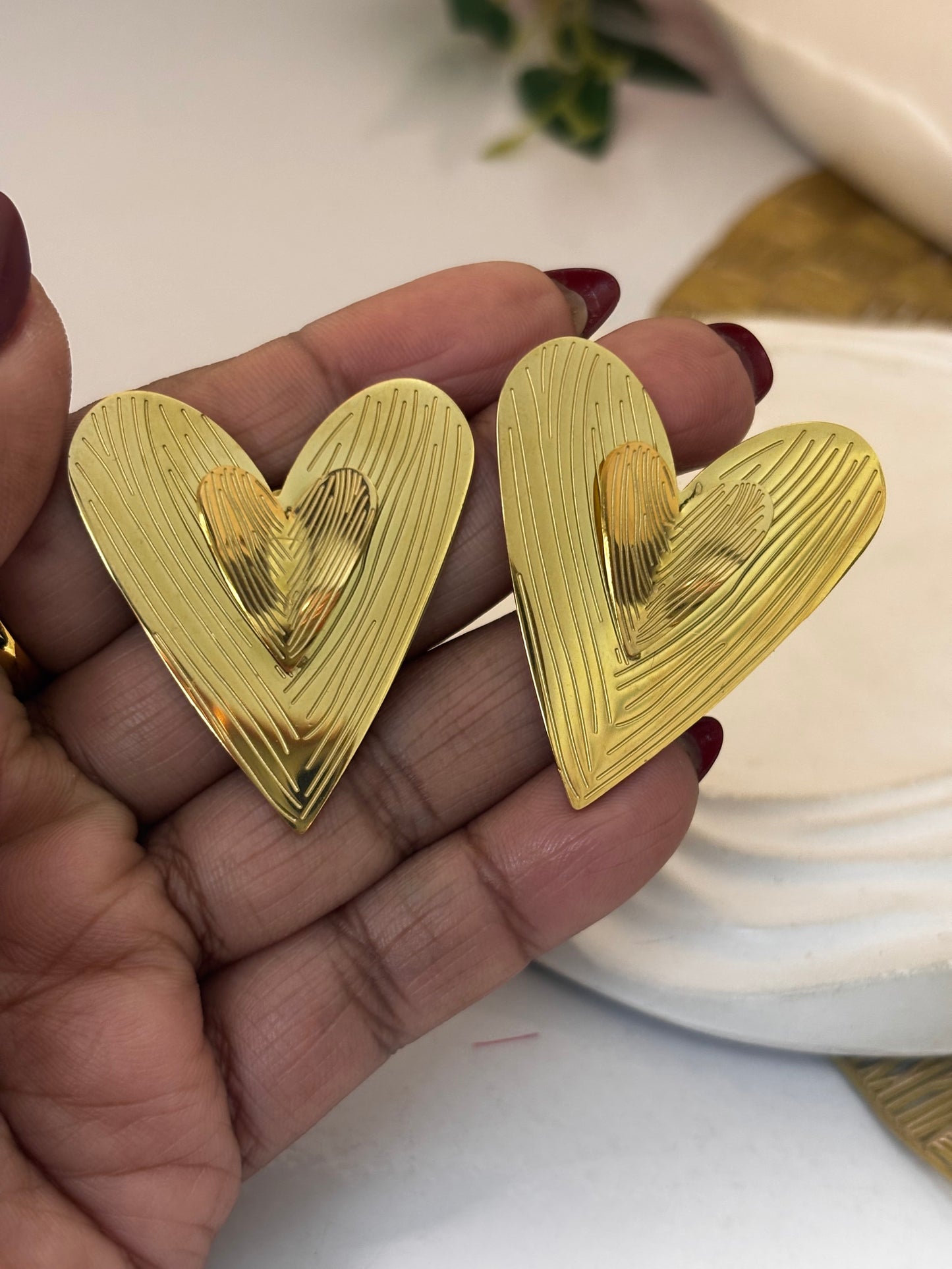 Chunky Golden Heartline Statement Earrings for Women