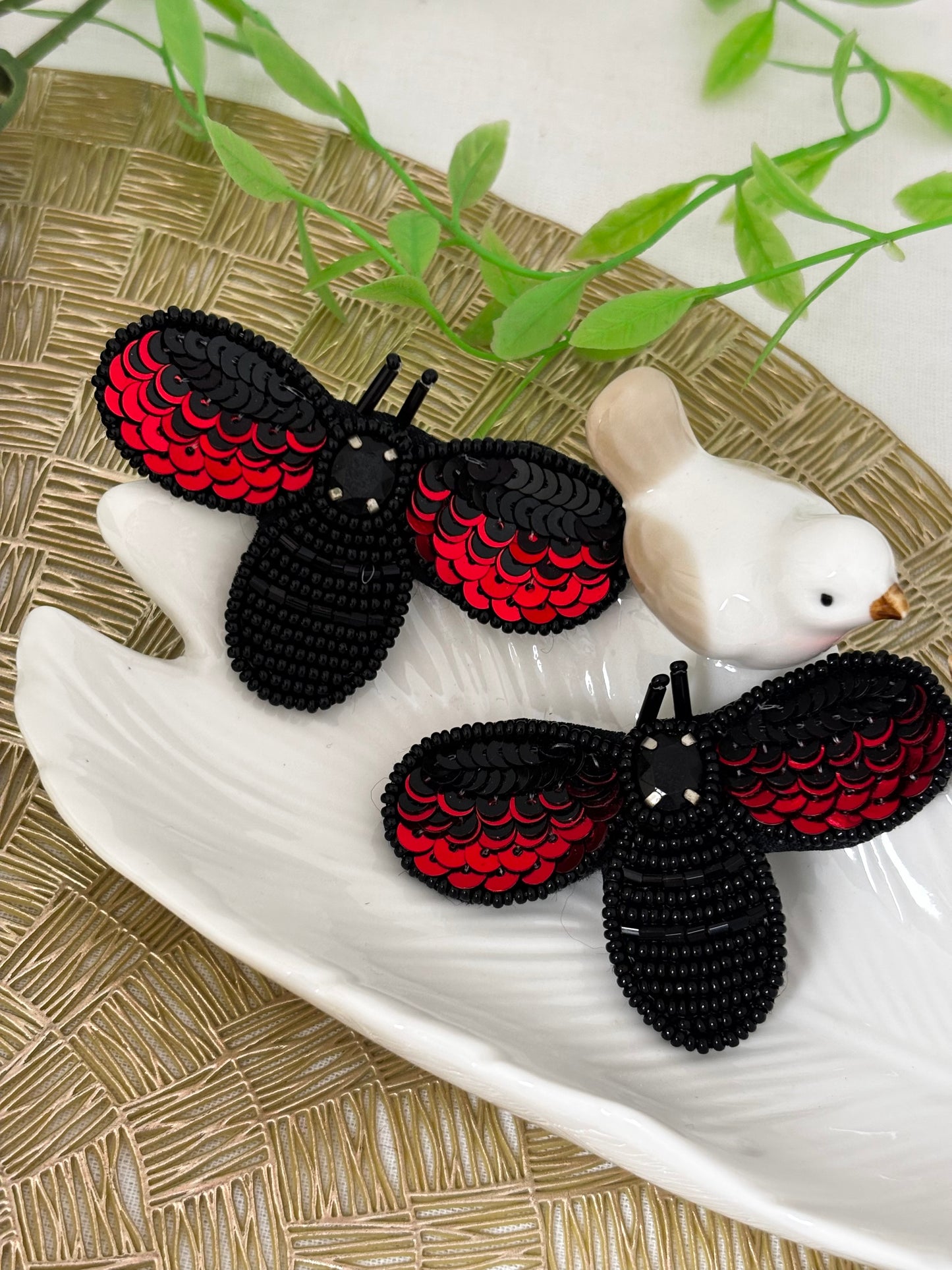 Handmade Black Red Moth Beaded Statement Earrings