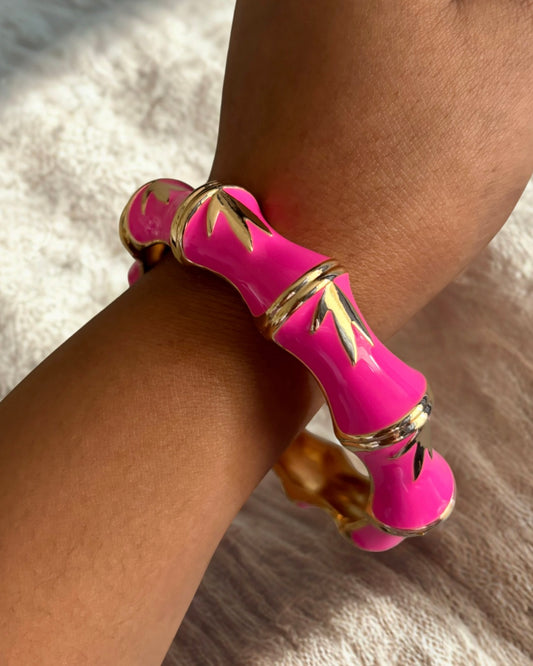 Fuchsia Flame | Hot Pink Enamel Bamboo Gold Cuff Bracelet