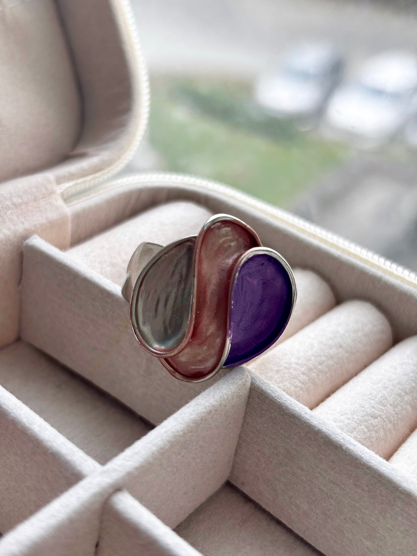 Sculptural Enamel Cocktail Statement Ring | Adjustable Silver Base