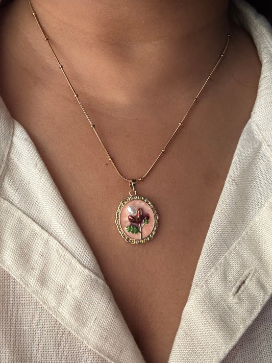 Pink Petal Vintage Frame Necklace