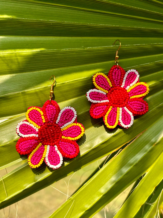 Fushia Beaded Petal Flower Earrings