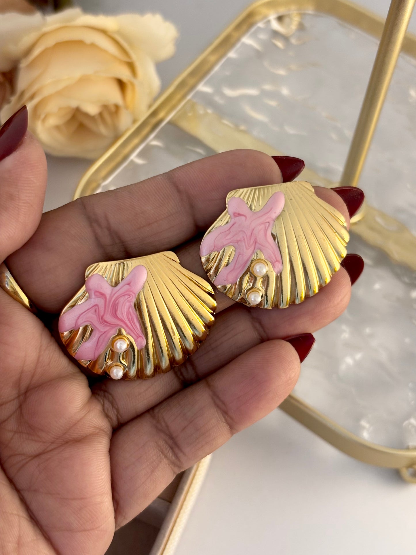 Ocean Shell Enamel Pearl Stud Earrings | Non-Tarnish Gold Plated