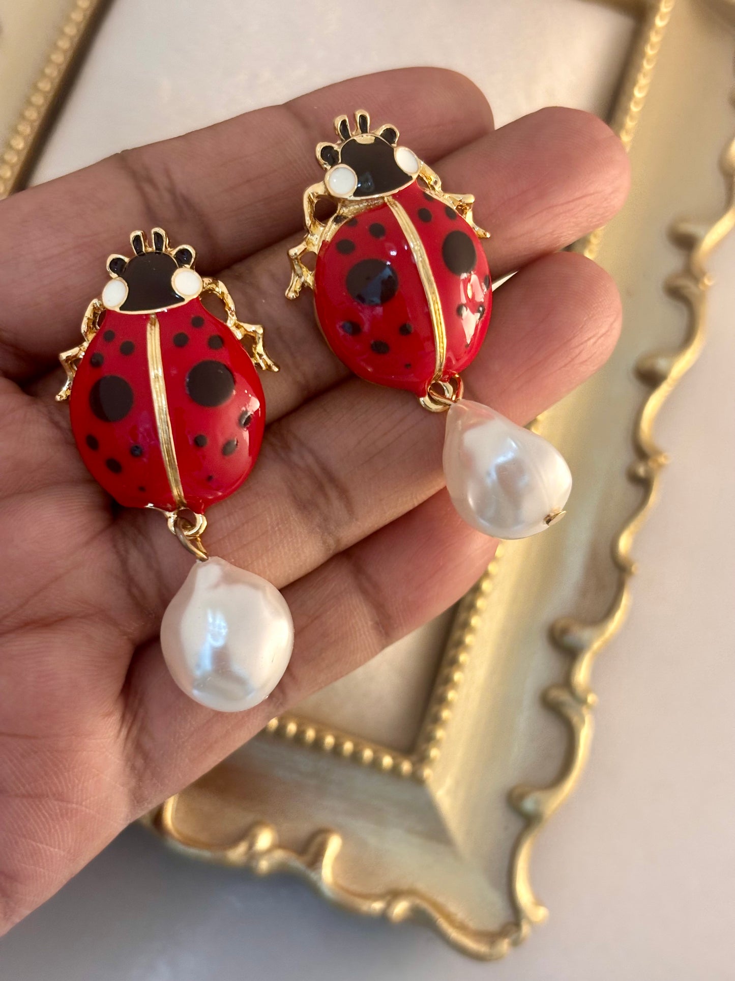 Ladybug with Pearls Statement Earrings