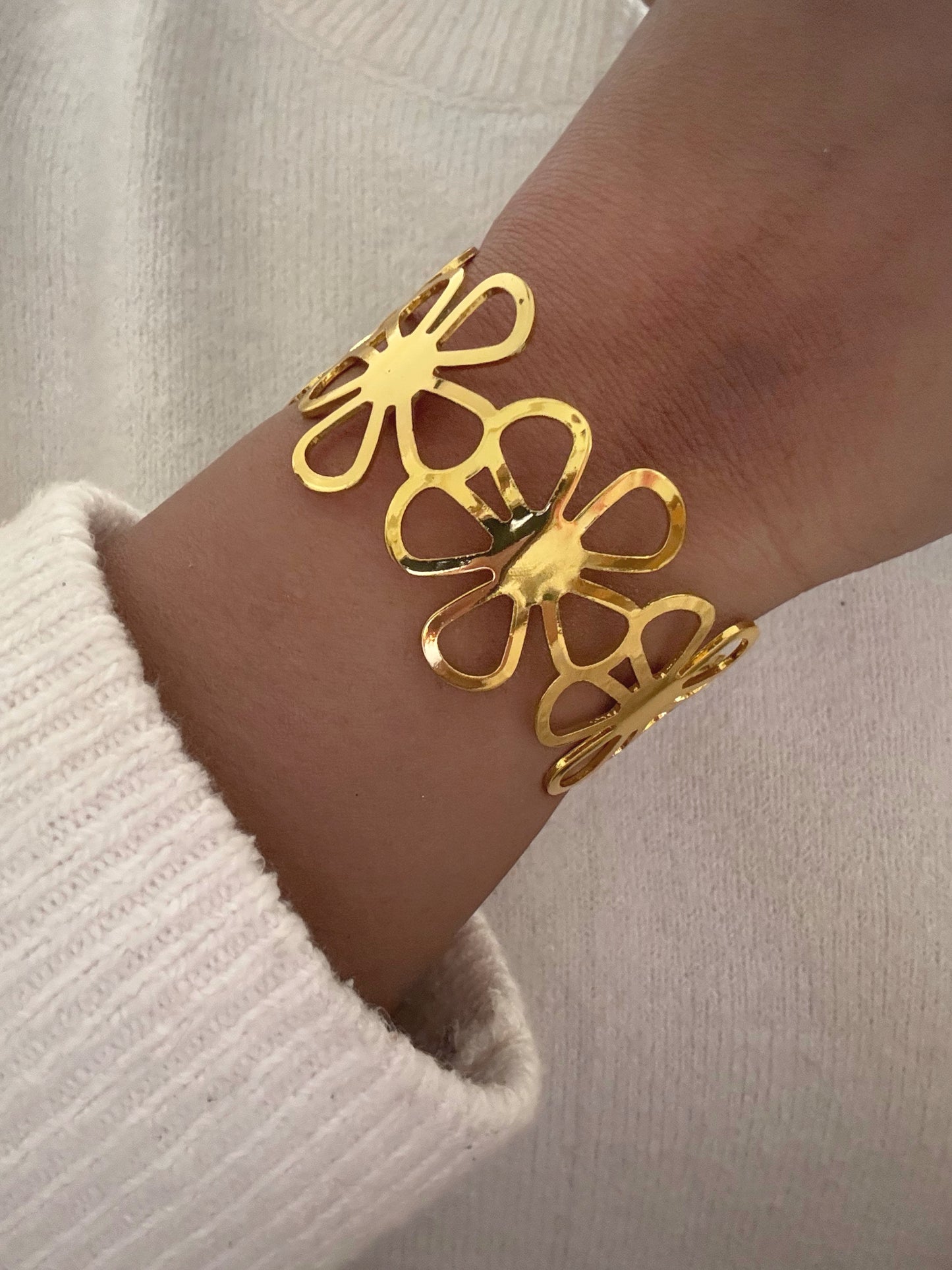 Adjustable Golden Floral Cuff Statement Bracelet for Women