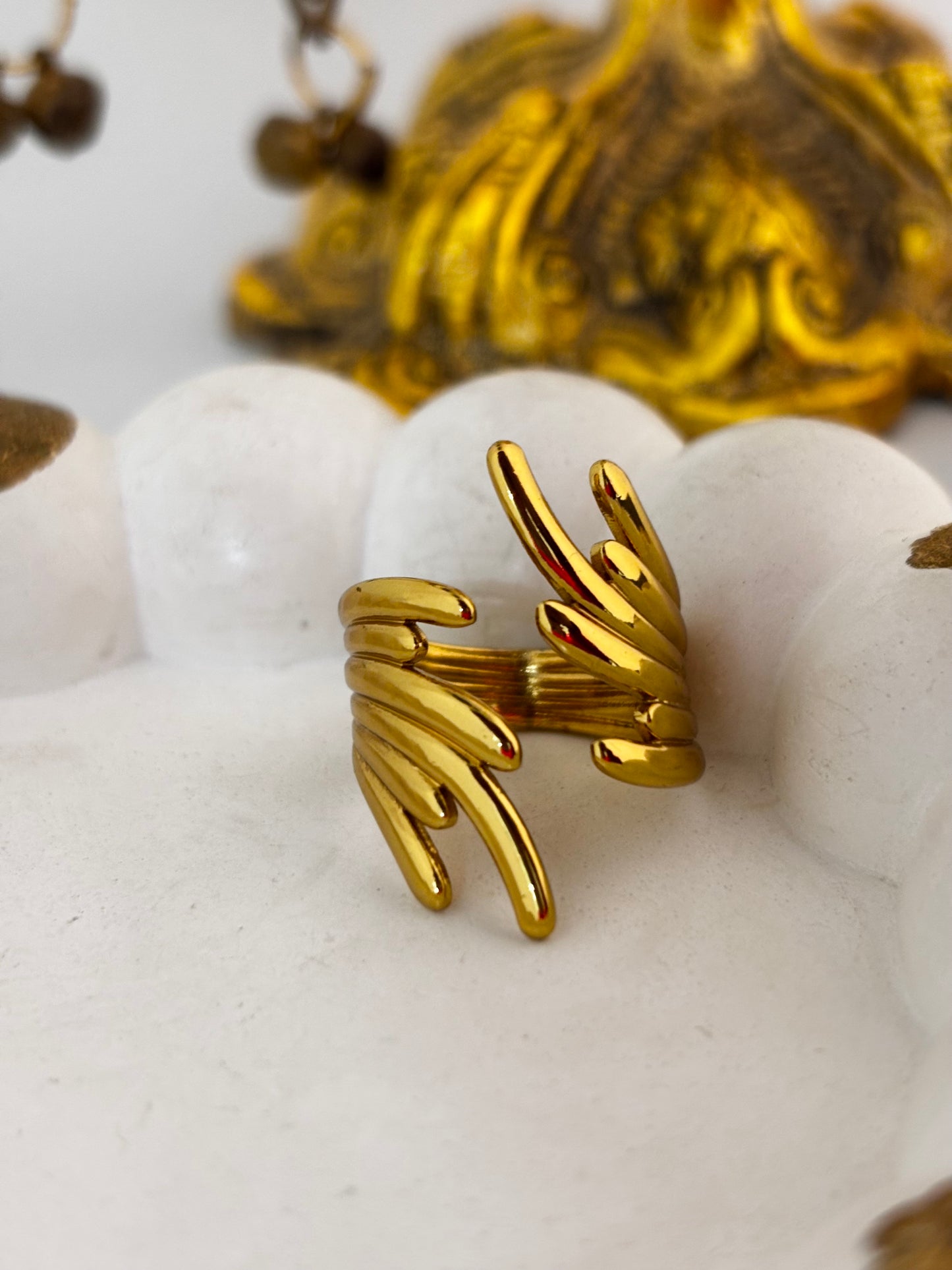 Gold Feather Open Adjustable Ring | Anti Tarnish Gold Plated