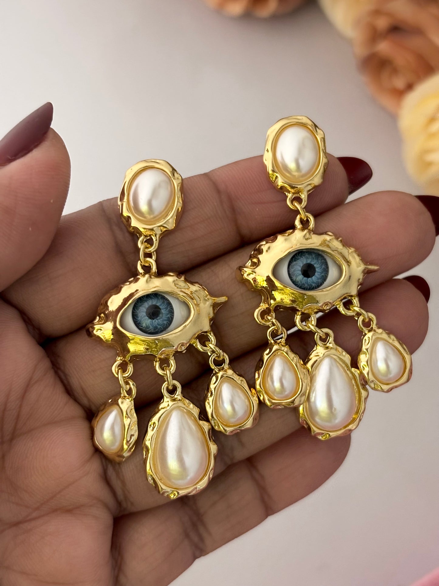 Pearl Evil Eye Statement Dangle Earrings | Anti Tarnish Gold Plated
