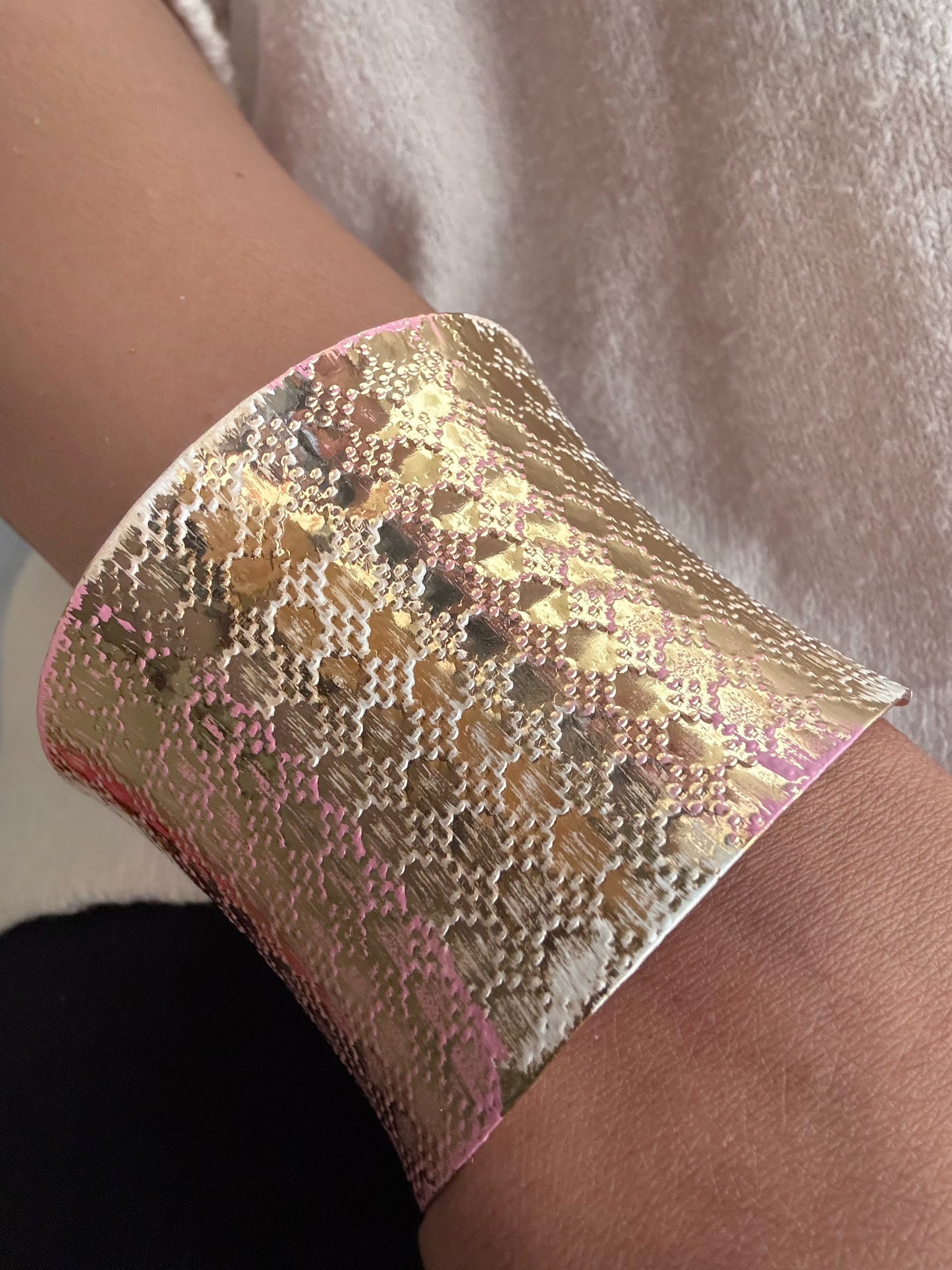 Wide Gold Textured Cuff Bracelet for Women | Anti-Tarnish Stainless Steel Statement Bangle