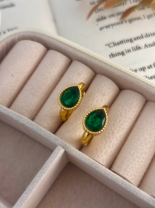 Green Stone Clicker Huggie Hoops Earrings | Stainless Steel Gold Plated