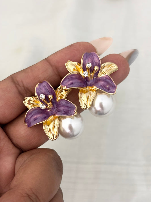 Purple Enamel Flower Pearl Earrings | Anti-Tarnish Gold Plated Studs