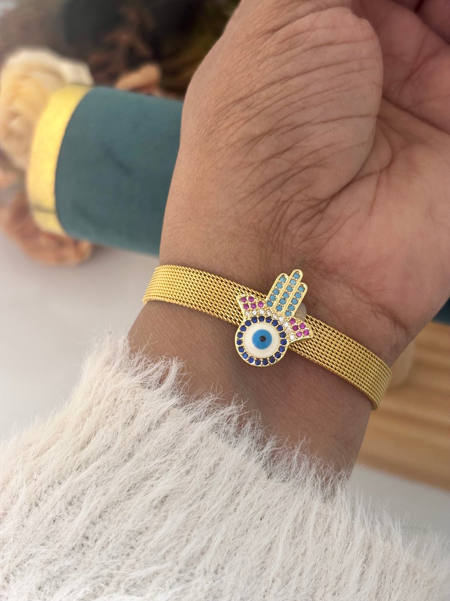 Hamsa Evil Eye Golden Mesh Bracelet Watch | Anti Tarnish Gold Plated