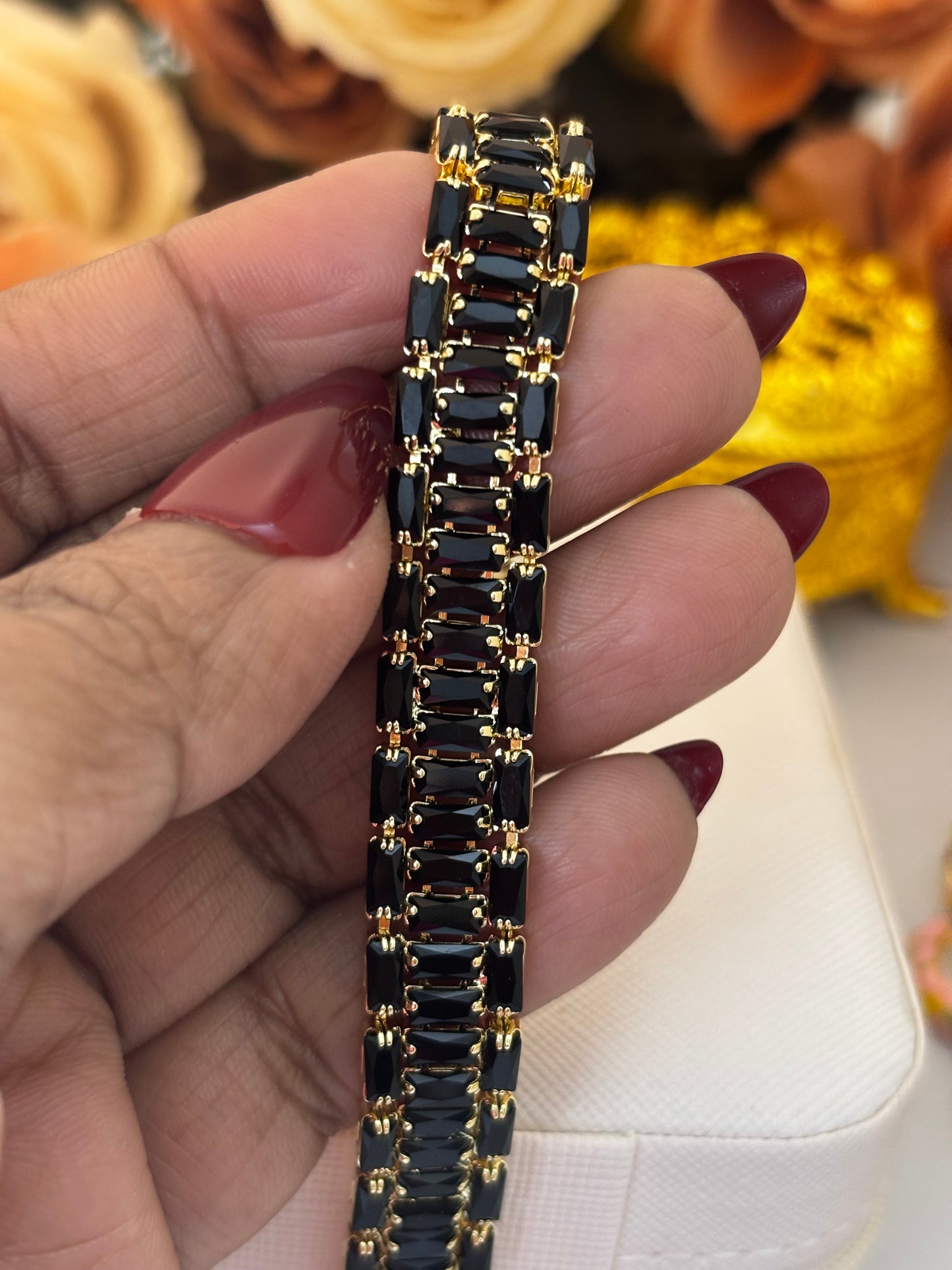 Black Baguette Crystal Tennis Bracelet – Gold Anti-Tarnish
