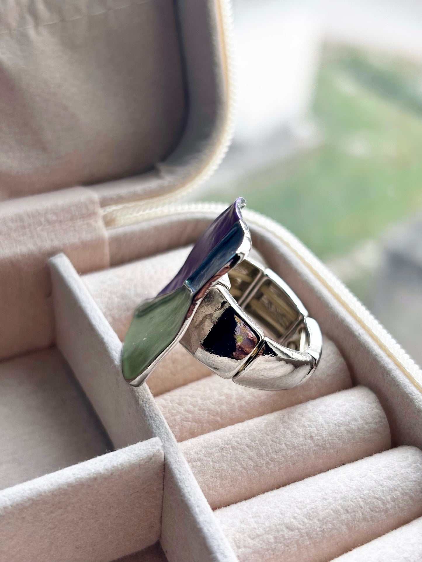 Adjustable Modern Art Square Enamel Statement Ring | Silver Base