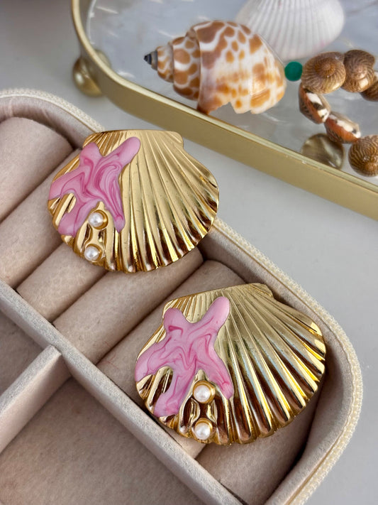 Ocean Shell Enamel Pearl Stud Earrings | Non-Tarnish Gold Plated